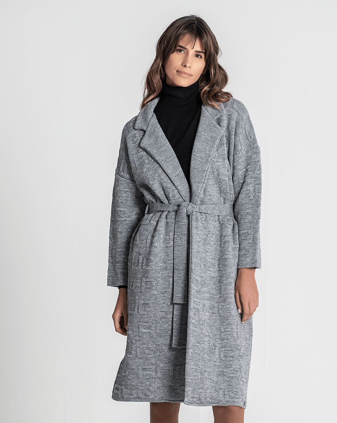 Casaco Cinza Comprido Jacquard Ruga
